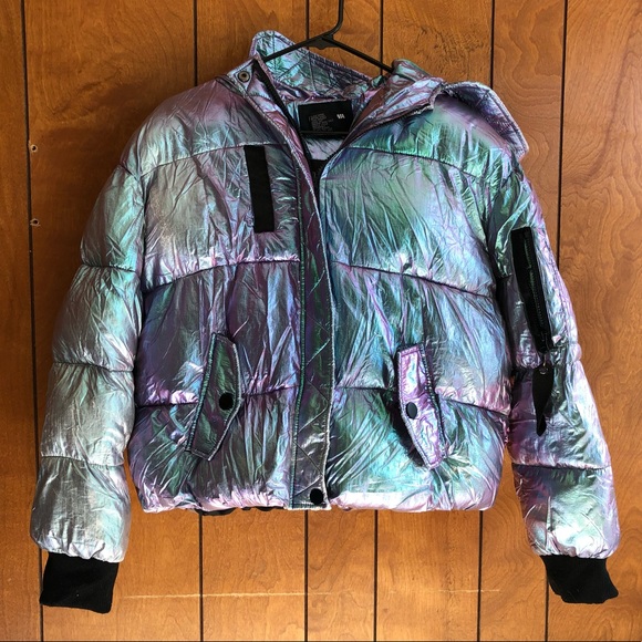 Fashion Nova Jackets & Blazers - NWOT Ultra Rare Fashion Nova Hologram Iridescent Puffer Jacket Coat Size L